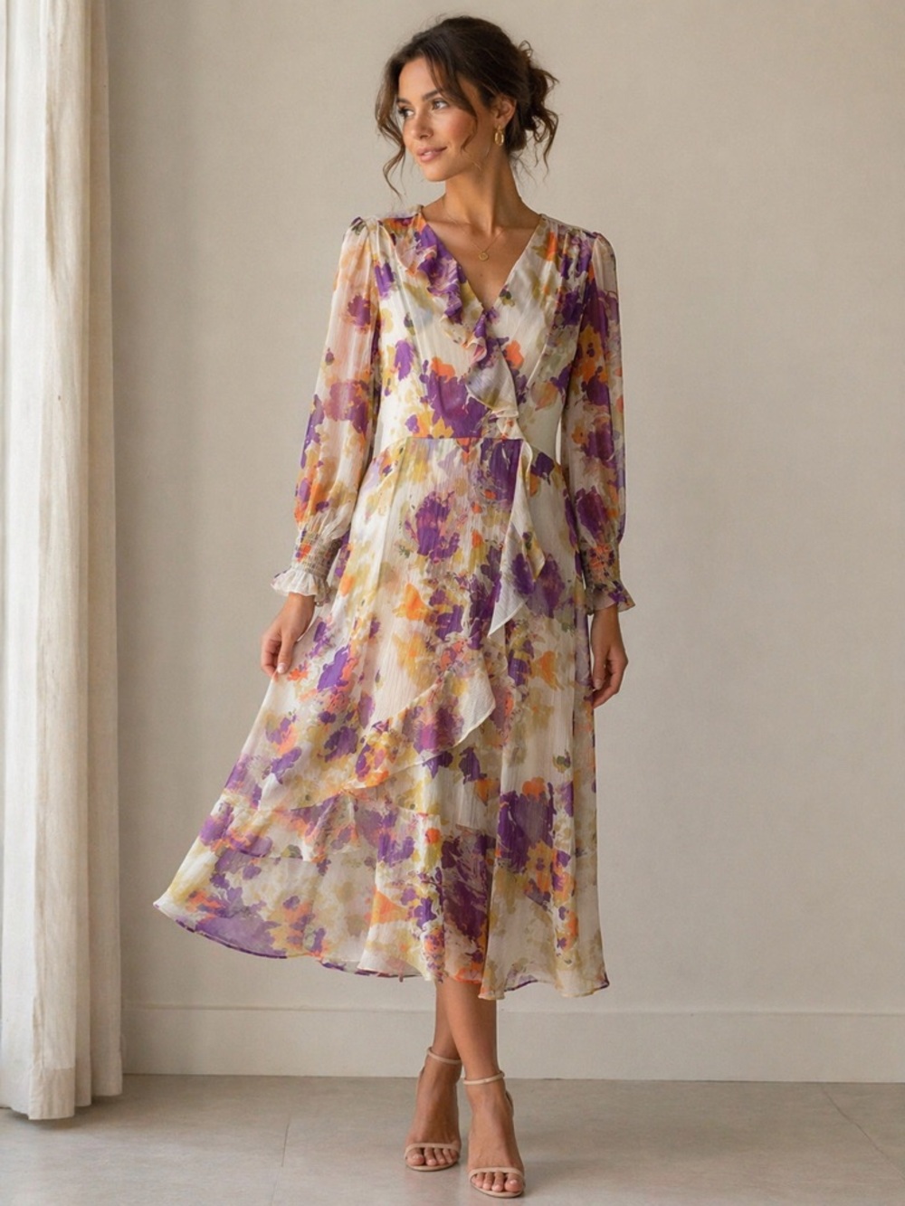 Taylor size 10 Floral Ruffle Midi Dress in Purple and Cream
